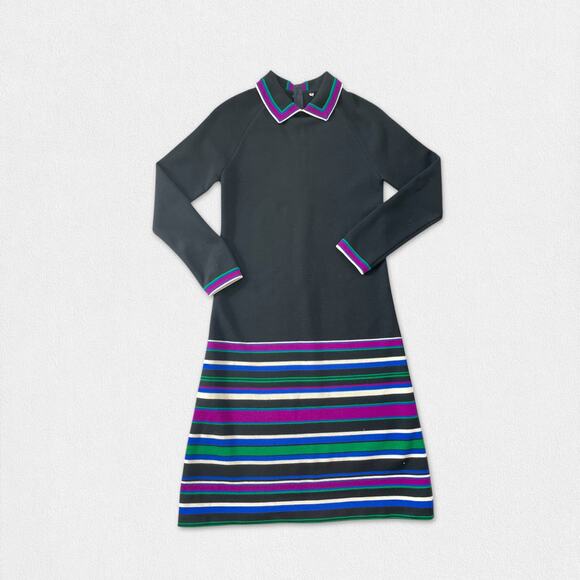 60s 70s Knit A-Line Dress Stripes Collar Same Fabric belt Raglan Sleeve Size 8 - Picture 5 of 9